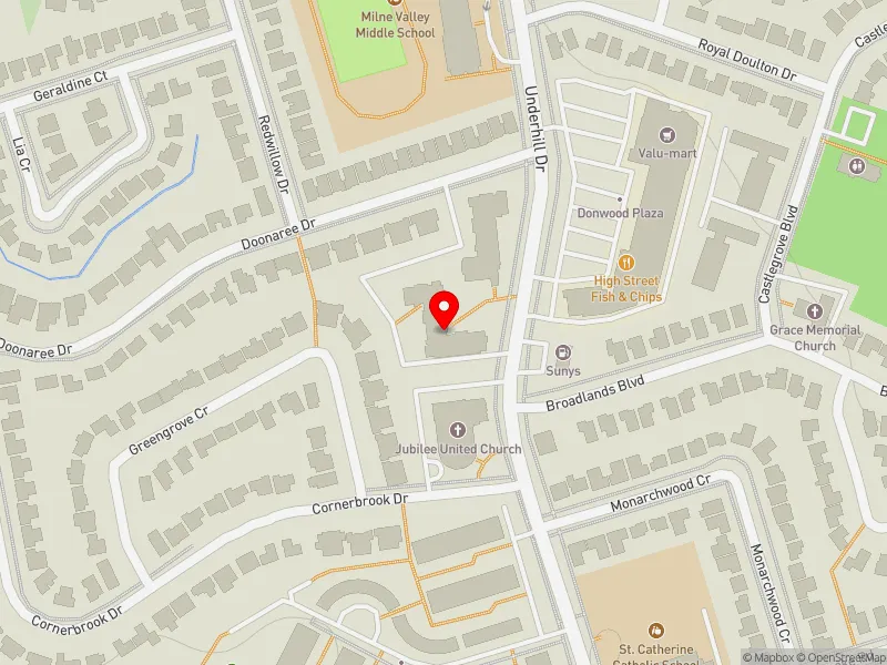 RentSafeTO apartment evaluation map view of 50 UNDERHILL DR in Don Valley East, Toronto
