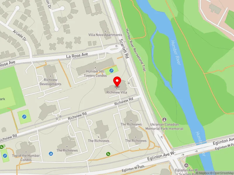 RentSafeTO apartment evaluation map view of 500 SCARLETT RD in Etobicoke Centre, Toronto