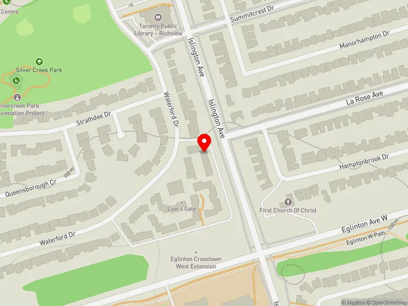 RentSafeTO apartment evaluation map view of 51-67 WATERFORD DR in Etobicoke Centre, Toronto