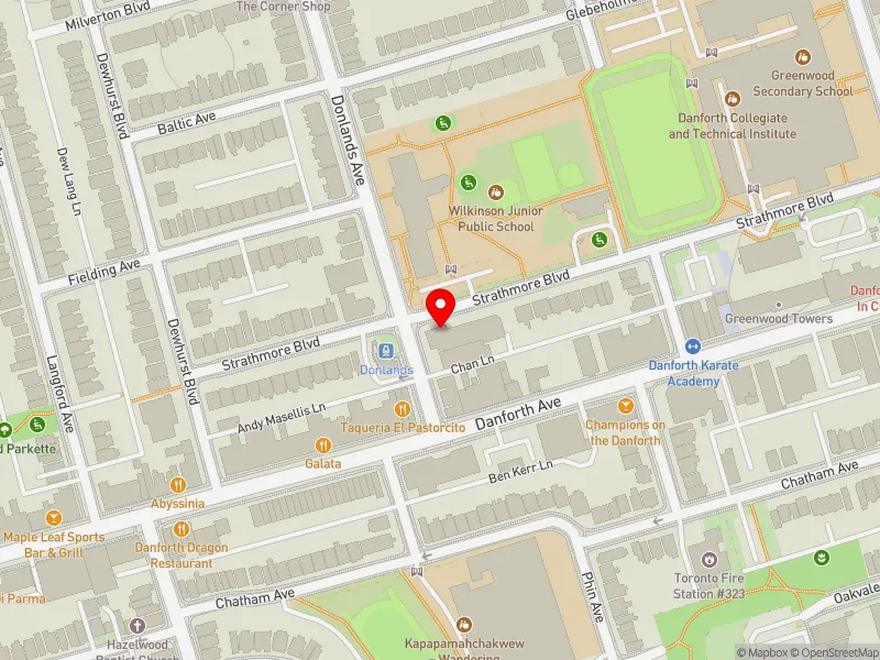 RentSafeTO apartment evaluation map view of 51 DONLANDS AVE in Toronto-Danforth, Toronto