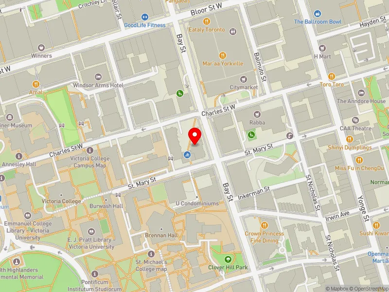 RentSafeTO apartment evaluation map view of 55 CHARLES ST W in University-Rosedale, Toronto