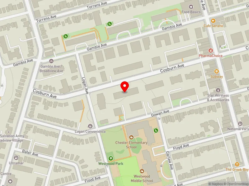 RentSafeTO apartment evaluation map view of 55 COSBURN AVE in Toronto-Danforth, Toronto