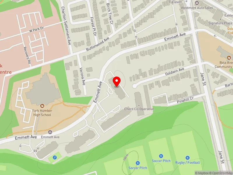 RentSafeTO apartment evaluation map view of 55 EMMETT AVE in York South-Weston, Toronto