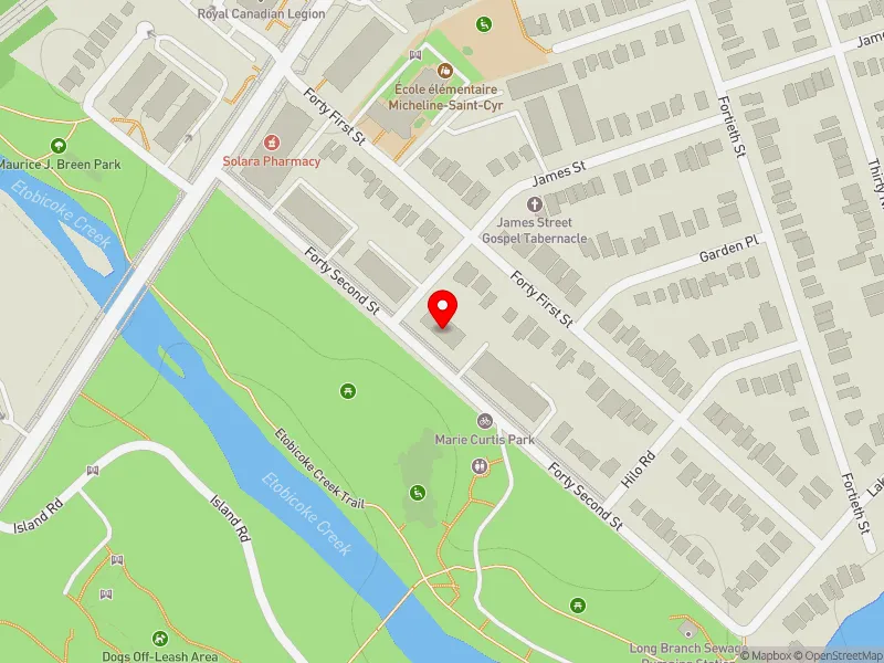 RentSafeTO apartment evaluation map view of 55 FORTY SECOND ST in Etobicoke-Lakeshore, Toronto