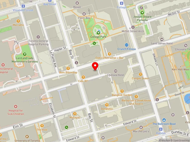 RentSafeTO apartment evaluation map view of 55 GERRARD ST W in University-Rosedale, Toronto