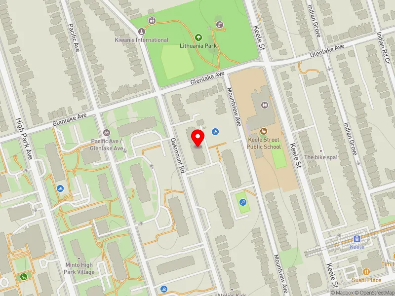 RentSafeTO apartment evaluation map view of 55 OAKMOUNT RD in Parkdale-High Park, Toronto
