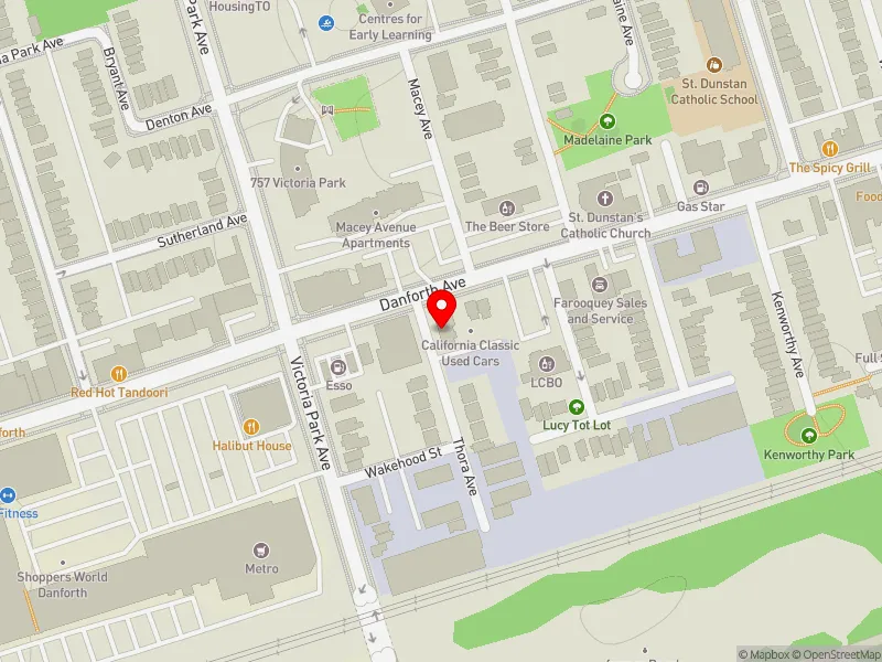 RentSafeTO apartment evaluation map view of 55 THORA AVE in Scarborough Southwest, Toronto