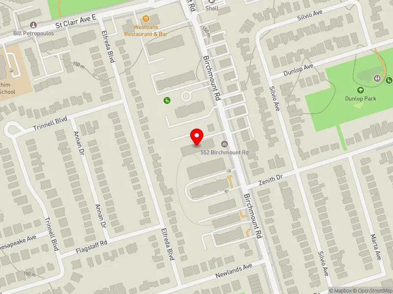 RentSafeTO apartment evaluation map view of 552 BIRCHMOUNT RD in Scarborough Southwest, Toronto