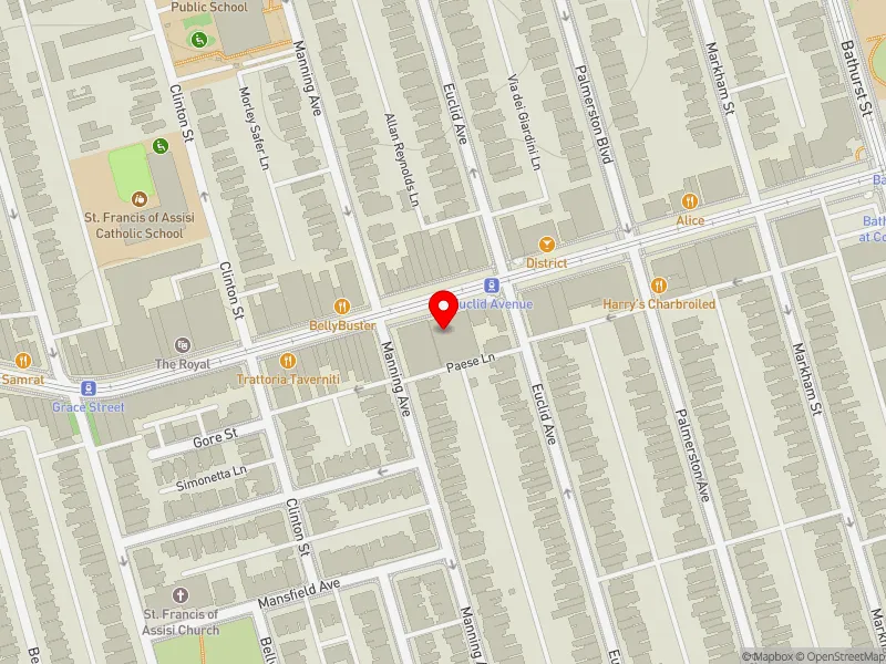 RentSafeTO apartment evaluation map view of 555 COLLEGE ST in University-Rosedale, Toronto