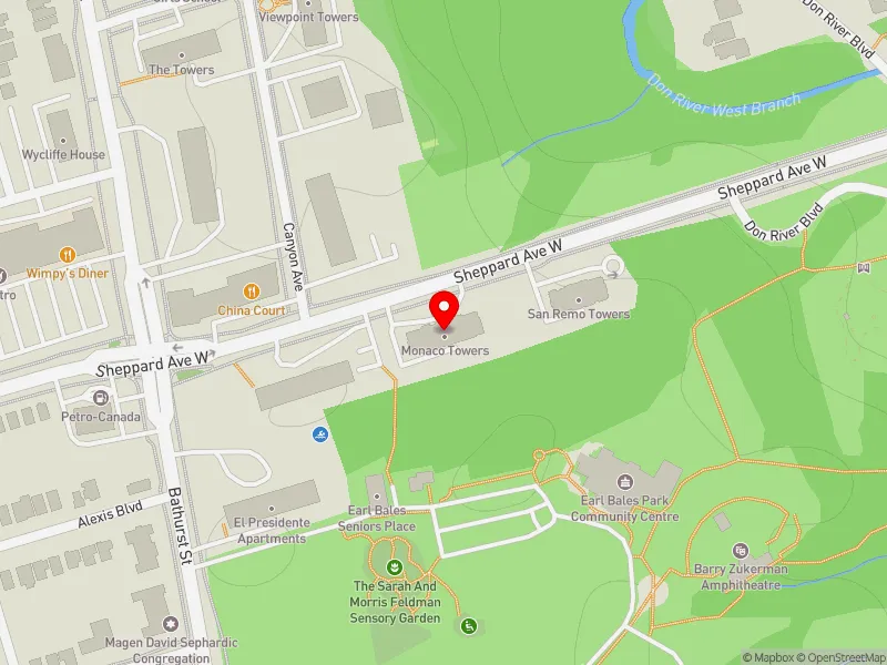 RentSafeTO apartment evaluation map view of 555 SHEPPARD AVE W in York Centre, Toronto