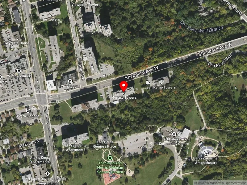RentSafeTO apartment evaluation satellite view of 555 SHEPPARD AVE W in York Centre, Toronto