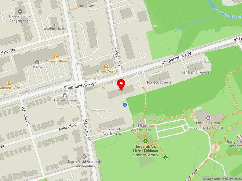 RentSafeTO apartment evaluation map view of 569 SHEPPARD AVE W in York Centre, Toronto