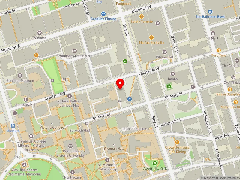 RentSafeTO apartment evaluation map view of 57 CHARLES ST W in University-Rosedale, Toronto