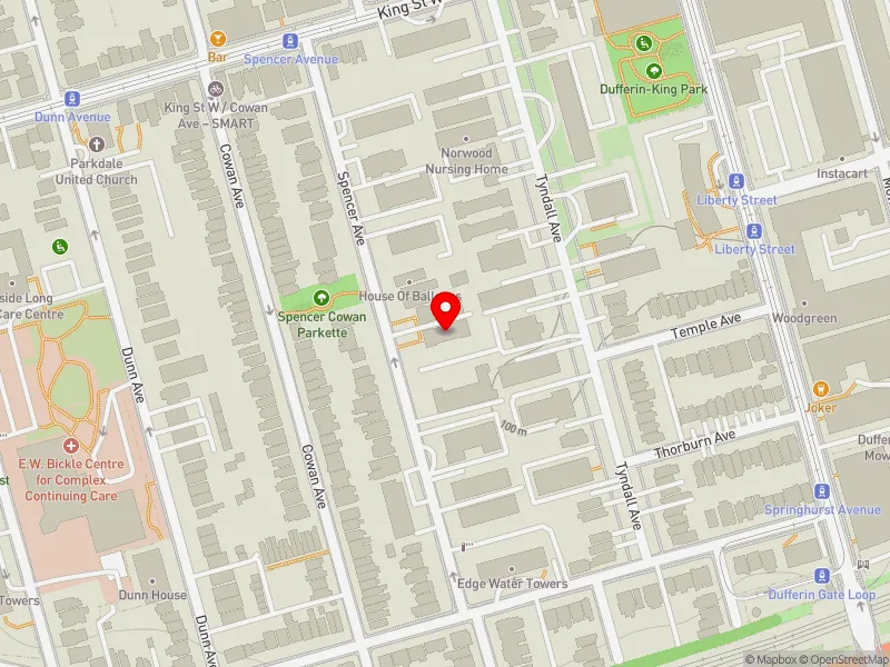 RentSafeTO apartment evaluation map view of 57 SPENCER AVE in Parkdale-High Park, Toronto