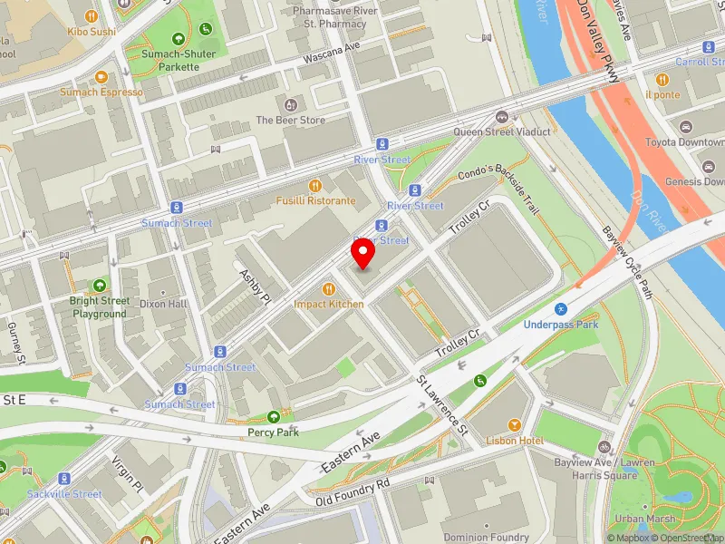 RentSafeTO apartment evaluation map view of 585 KING ST E in Toronto Centre, Toronto