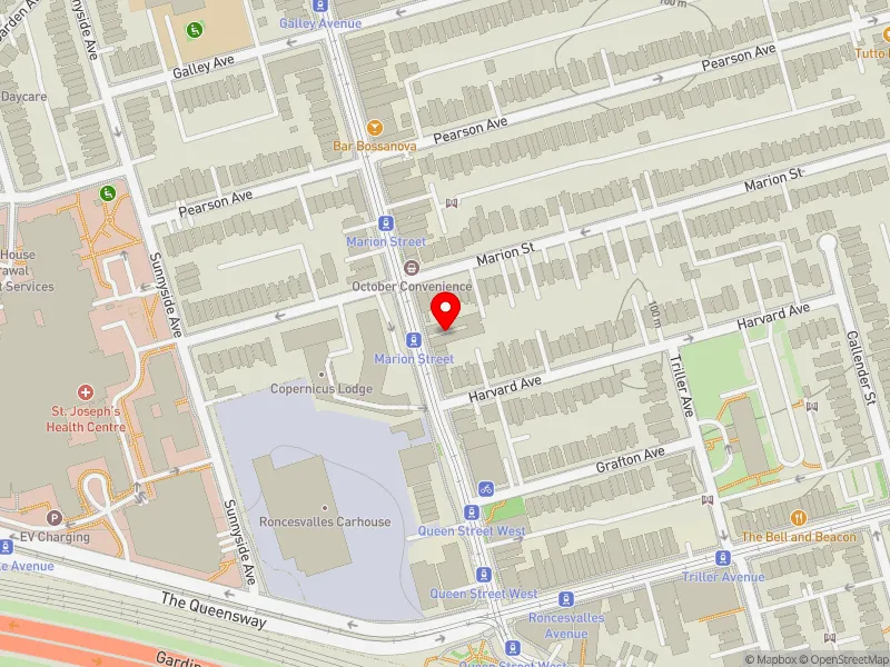 RentSafeTO apartment evaluation map view of 59 RONCESVALLES AVE in Parkdale-High Park, Toronto