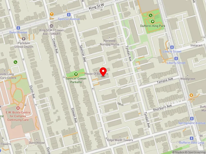 RentSafeTO apartment evaluation map view of 59 SPENCER AVE in Parkdale-High Park, Toronto