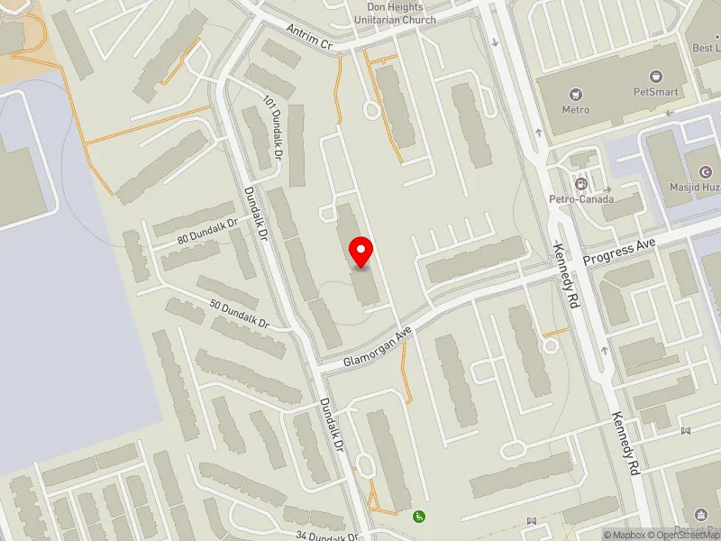 RentSafeTO apartment evaluation map view of 6 GLAMORGAN AVE in Scarborough Centre, Toronto