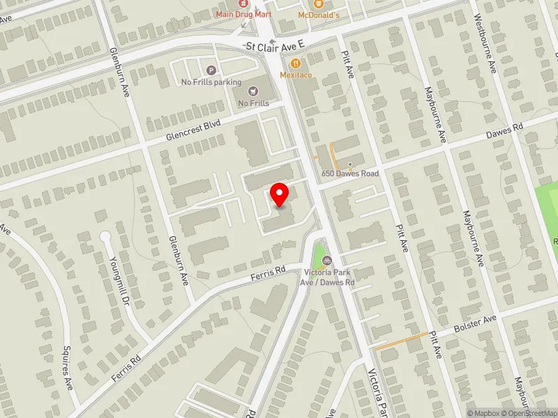 RentSafeTO apartment evaluation map view of 608 DAWES RD in Beaches-East York, Toronto