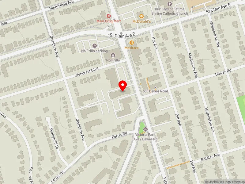 RentSafeTO apartment evaluation map view of 612 DAWES RD in Beaches-East York, Toronto