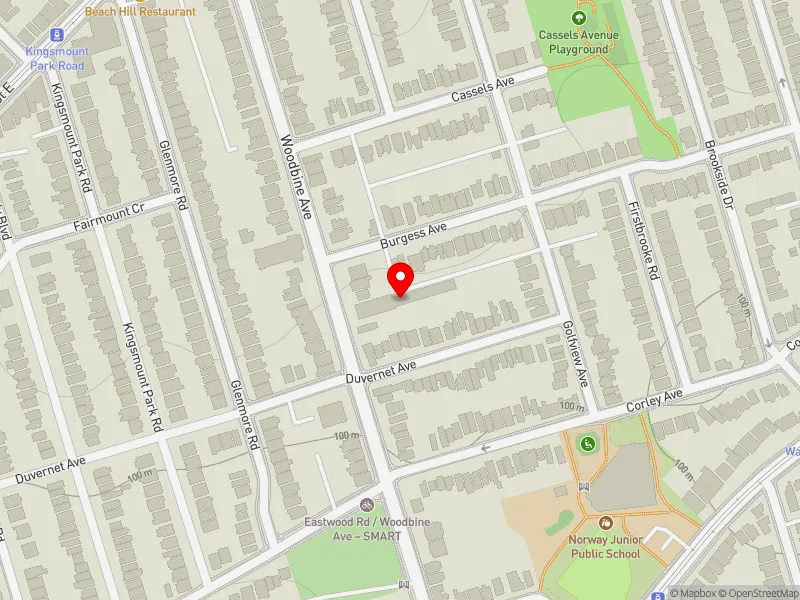 RentSafeTO apartment evaluation map view of 619 WOODBINE AVE in Beaches-East York, Toronto