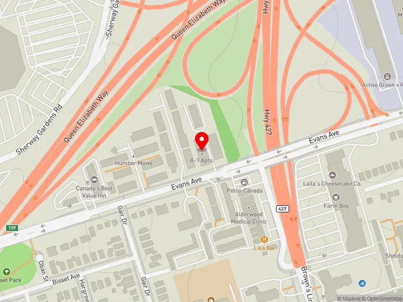 RentSafeTO apartment evaluation map view of 620 EVANS AVE in Etobicoke-Lakeshore, Toronto