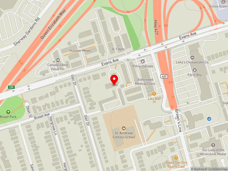 RentSafeTO apartment evaluation map view of 625 EVANS AVE in Etobicoke-Lakeshore, Toronto