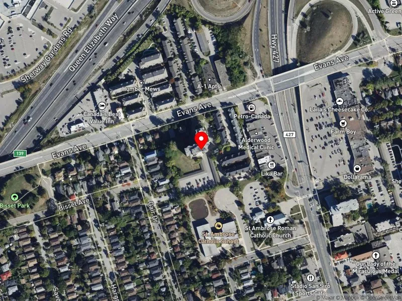 RentSafeTO apartment evaluation satellite view of 625 EVANS AVE in Etobicoke-Lakeshore, Toronto