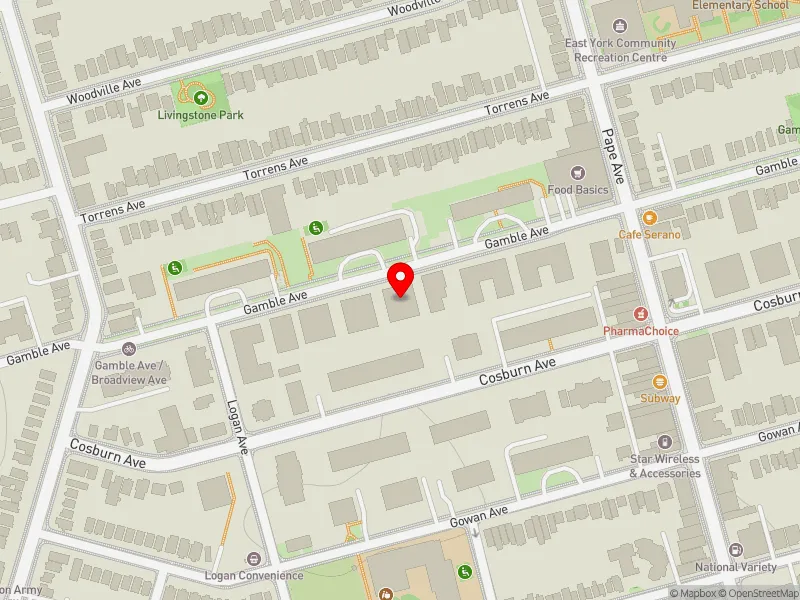 RentSafeTO apartment evaluation map view of 65 GAMBLE AVE in Toronto-Danforth, Toronto