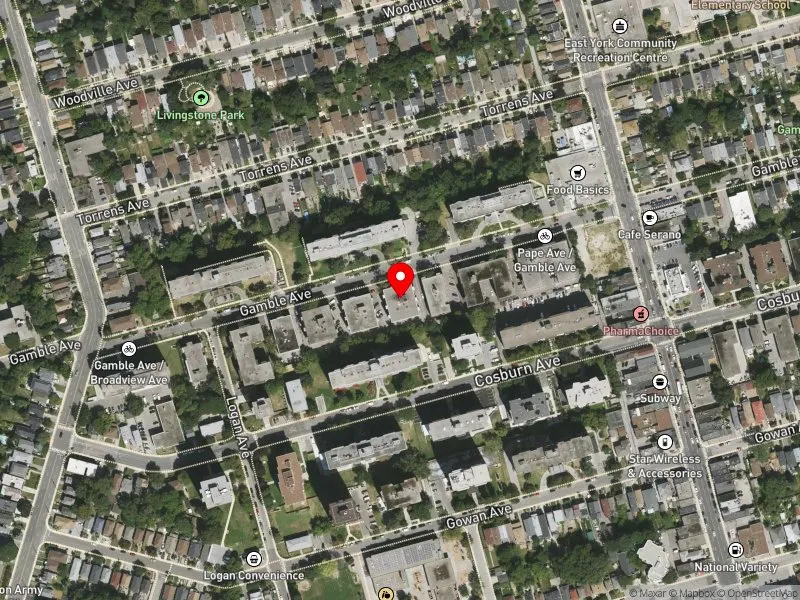 RentSafeTO apartment evaluation satellite view of 65 GAMBLE AVE in Toronto-Danforth, Toronto
