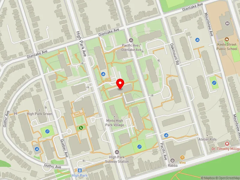RentSafeTO apartment evaluation map view of 65 HIGH PARK AVE in Parkdale-High Park, Toronto