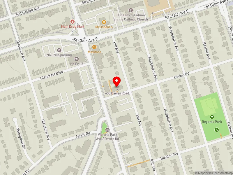 RentSafeTO apartment evaluation map view of 650 DAWES RD in Scarborough Southwest, Toronto