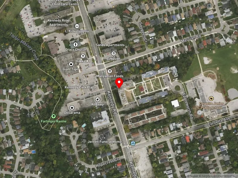 RentSafeTO apartment evaluation satellite view of 675 KENNEDY RD in Scarborough Southwest, Toronto