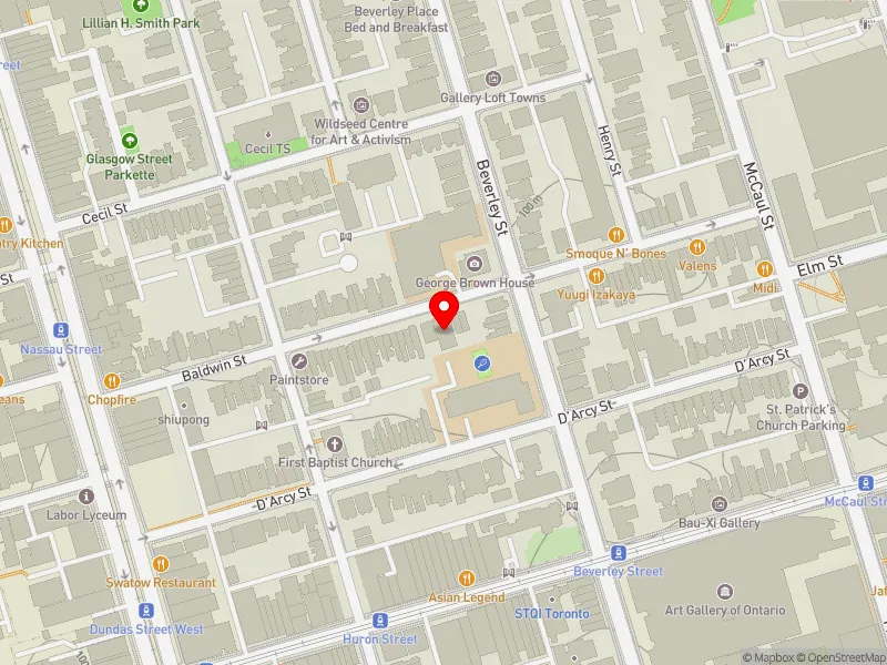 RentSafeTO apartment evaluation map view of 69 BALDWIN ST in University-Rosedale, Toronto