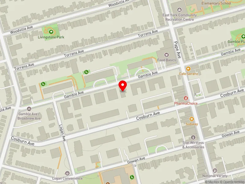 RentSafeTO apartment evaluation map view of 69 GAMBLE AVE in Toronto-Danforth, Toronto