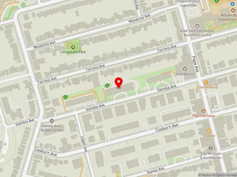 RentSafeTO apartment evaluation map view of 72 GAMBLE AVE in Toronto-Danforth, Toronto