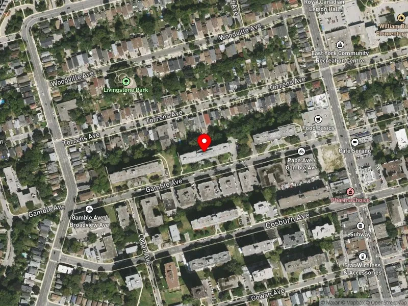 RentSafeTO apartment evaluation satellite view of 72 GAMBLE AVE in Toronto-Danforth, Toronto