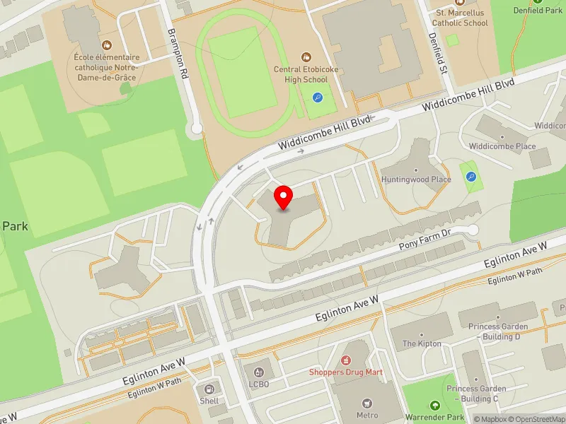 RentSafeTO apartment evaluation map view of 73 WIDDICOMBE HILL BLVD in Etobicoke Centre, Toronto
