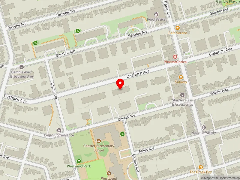 RentSafeTO apartment evaluation map view of 75 COSBURN AVE in Toronto-Danforth, Toronto