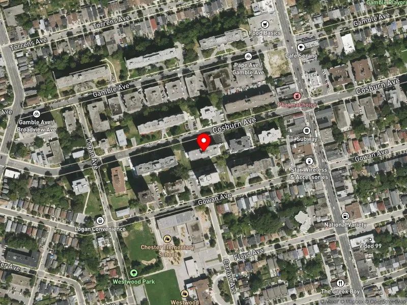 RentSafeTO apartment evaluation satellite view of 75 COSBURN AVE in Toronto-Danforth, Toronto