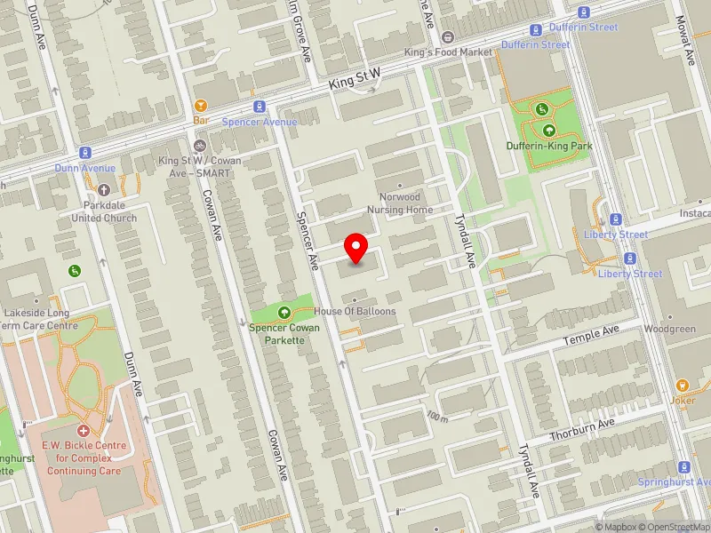 RentSafeTO apartment evaluation map view of 75 SPENCER AVE in Parkdale-High Park, Toronto