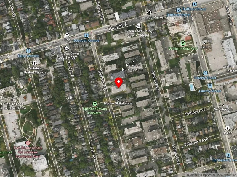 RentSafeTO apartment evaluation satellite view of 75 SPENCER AVE in Parkdale-High Park, Toronto