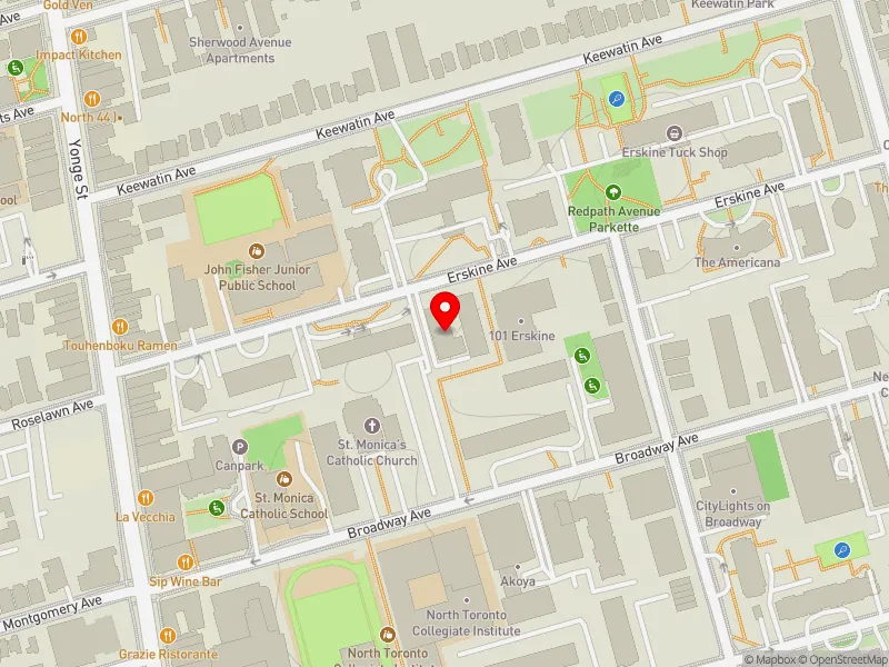 RentSafeTO apartment evaluation map view of 77 ERSKINE AVE in Don Valley West, Toronto
