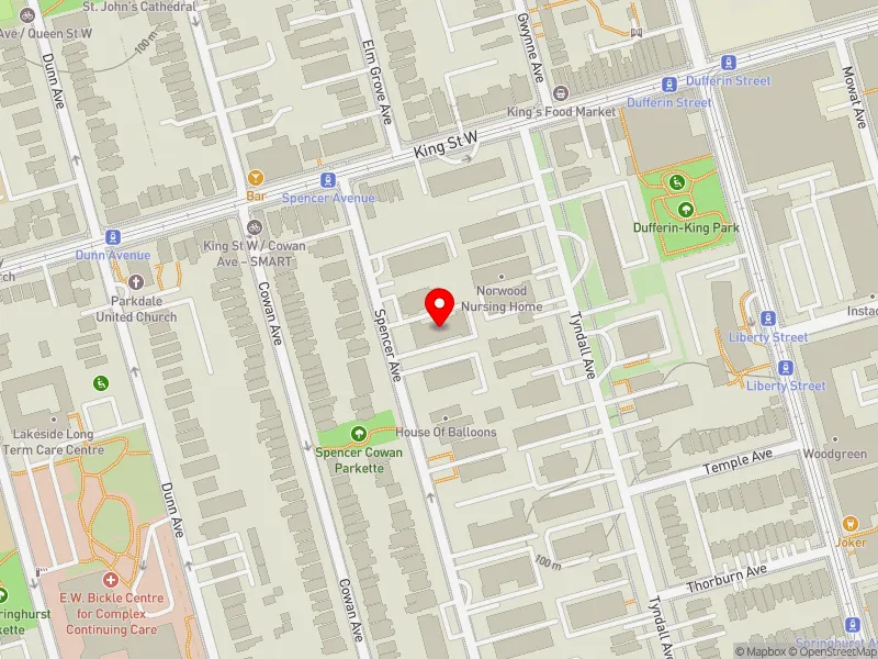 RentSafeTO apartment evaluation map view of 77 SPENCER AVE in Parkdale-High Park, Toronto