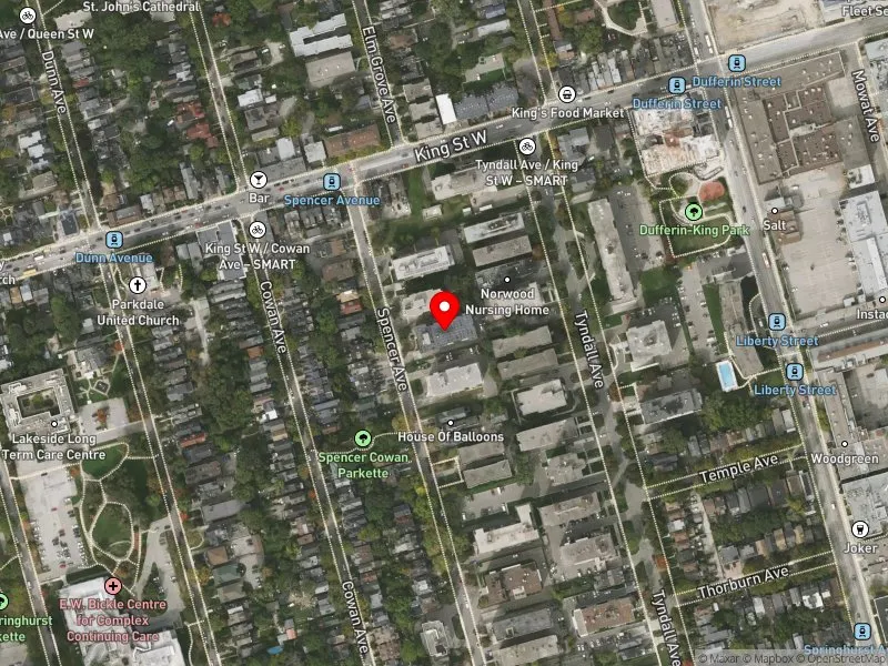 RentSafeTO apartment evaluation satellite view of 77 SPENCER AVE in Parkdale-High Park, Toronto