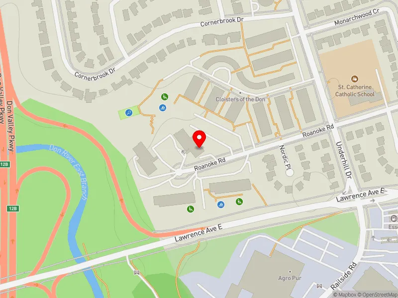 RentSafeTO apartment evaluation map view of 8 ROANOKE RD in Don Valley East, Toronto