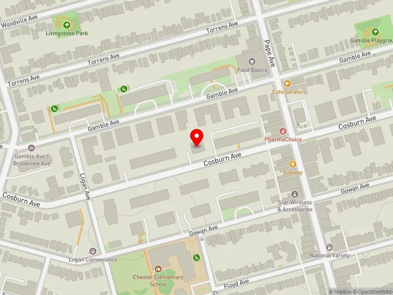 RentSafeTO apartment evaluation map view of 80 COSBURN AVE in Toronto-Danforth, Toronto