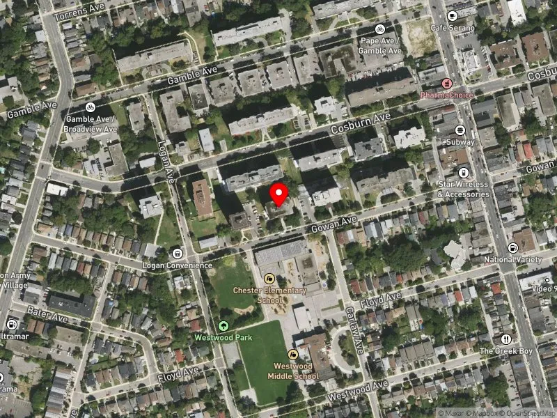 RentSafeTO apartment evaluation satellite view of 80 GOWAN AVE in Toronto-Danforth, Toronto