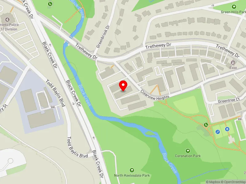 RentSafeTO apartment evaluation map view of 83 CLEARVIEW HTS in York South-Weston, Toronto