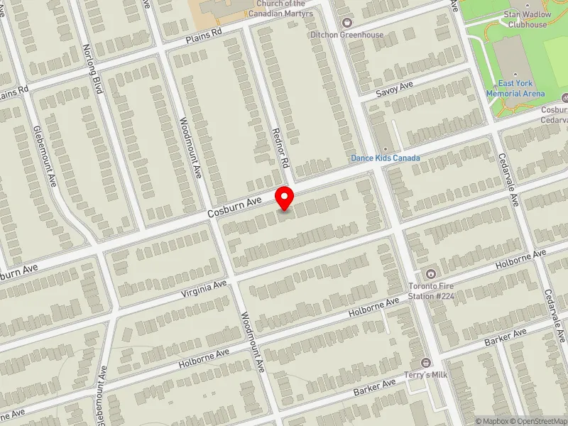 RentSafeTO apartment evaluation map view of 831 COSBURN AVE in Beaches-East York, Toronto